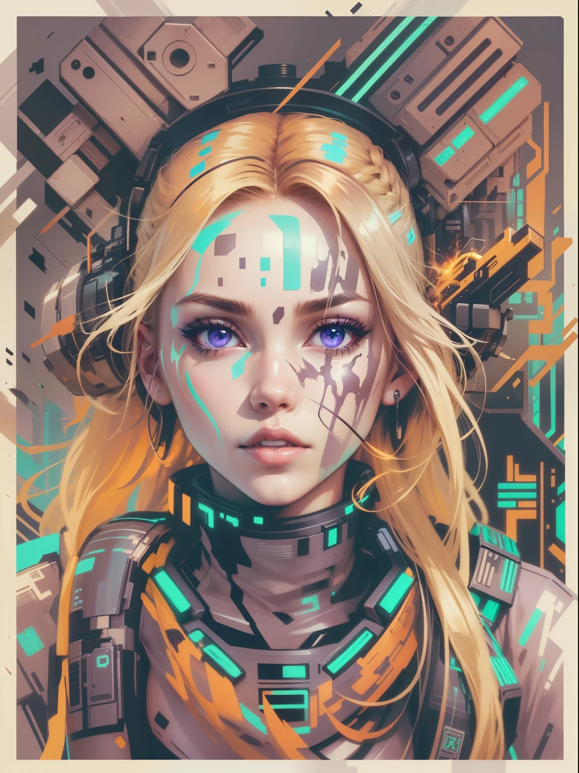 graphic design t-shirt, flat design, futuristic cyberpunk, girl in mix of tones,blonde hair, twin braids, perfect body, sexy body, topless, flashing tits, natural tits, metal skin, laser beams, purple emissive eyes, colorful tones, clean highly detailed, vector image, smoke explosion, simple background, flat white background, vibrant composition, dinamic, bright vector ((white background) )