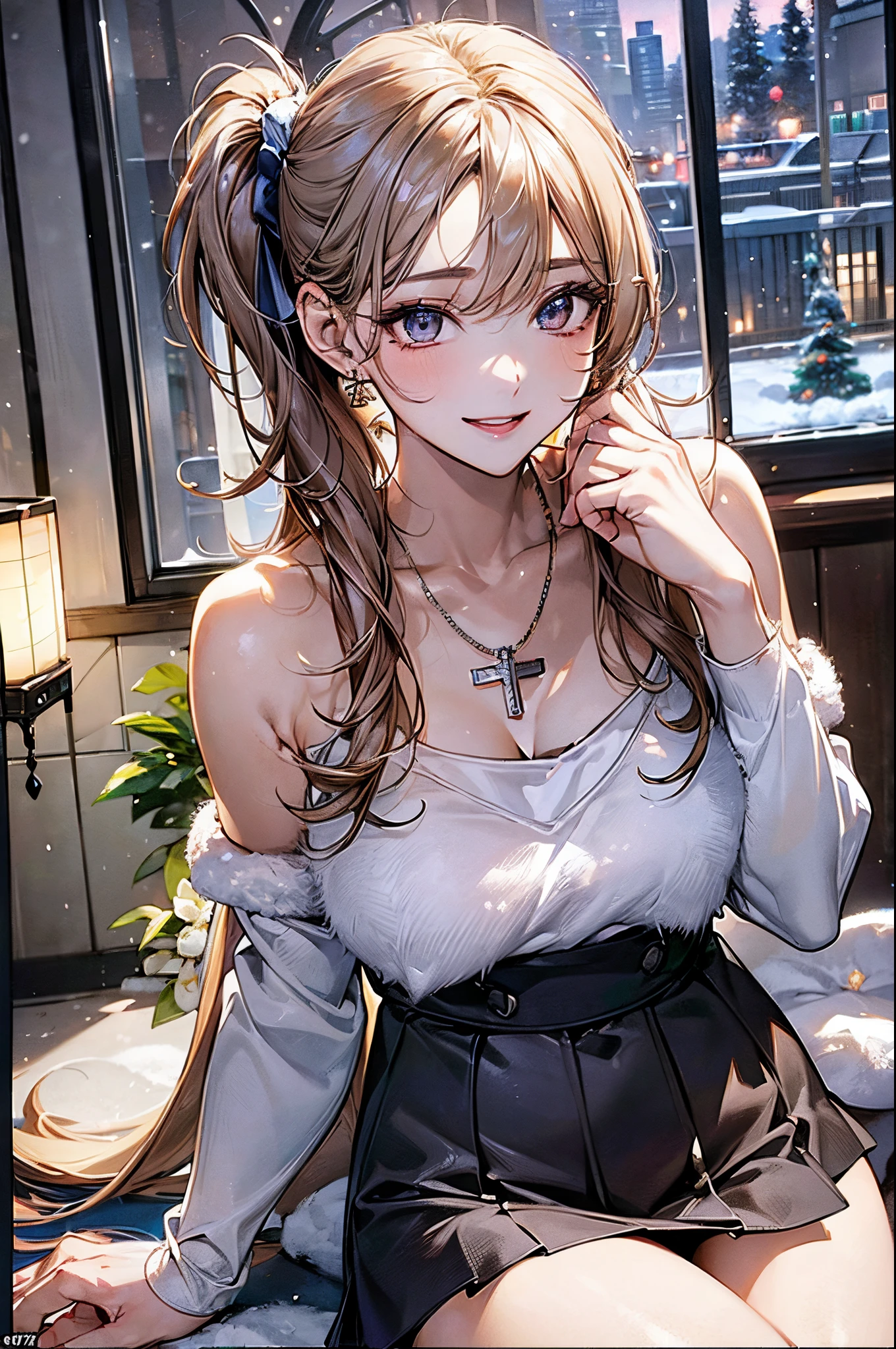 ((((perfect anatomy, super detailed skin)))), 1 girl, japanese, high school girl, shiny skin, large breasts:0.5, watching the view,
beautiful hair, beautiful face, beautiful detailed eyes, (long hair:1.7, side ponytail:1.5), blond hair, blue eyes,
beautiful clavicle, beautiful body, beautiful chest, beautiful thigh, beautiful legs, babyface, mole under eye,
((camisole, mini skirt), cross necklace), seductive thighs, ,
((smile:1.5, open your mouth wide)), ,
(beautiful scenery), modern architecture, living room, carpet, sitting floor, window, winter, night, christmas, (christmas tree), snow, snowfall:1.5, freezing weather, frost,
(8k, top-quality, masterpiece:1.2, extremely detailed), (photorealistic), beautiful illustration, cinematic lighting,