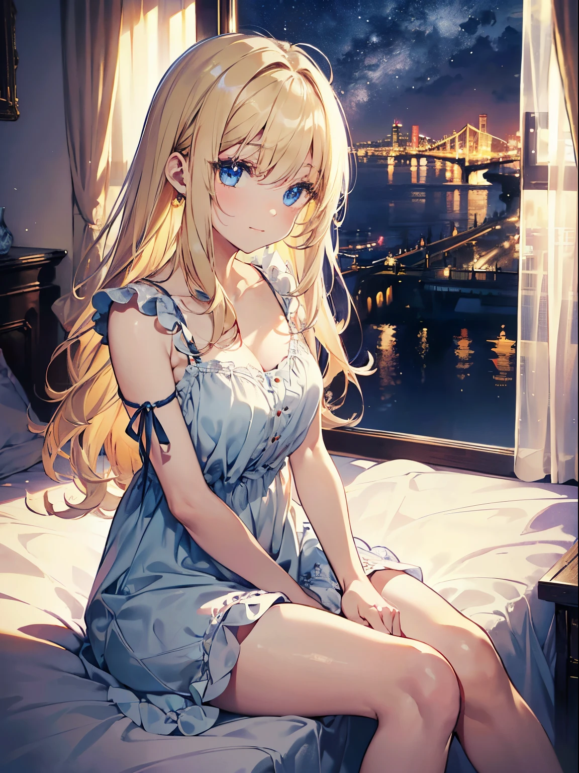 deep in the night、23 o'clock、Room with night view、It's pitch black outside、((You can see the night view from the window:1.5)), Bedrooms、Girl sitting on bed、(1girl in),(beautiful eyes finely detailed、Face to detail、masterpiece sidelighting、masterpiece、top-quality、detaileds、High resolution illustration),Delicate Makeup, (a closeup:1.2)、POV、softfocus、Background bokeh、Turn to me and smile,Blue eyes(((a blond)), Semi-long hair:1.2, Extremely detailed, Convoluted, masutepiece,Red Camisole Dress、