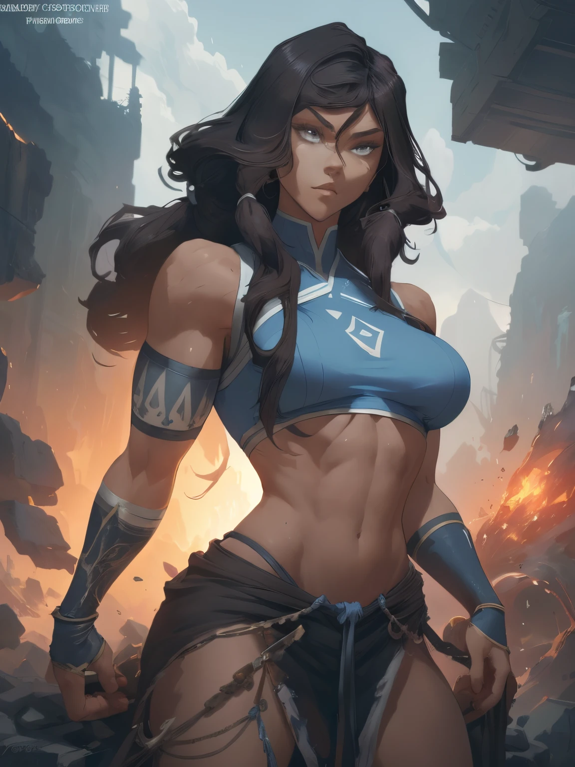 Zendaya like Korra, sightly muscled, long hair, Full body, Beautiful anime waifu style girl,hyperdetailed painting, luminism, art by artgerm, concept art, dark background, abstract beauty, approaching perfection, pure form, golden ratio, minimalistic, dark atmosphere, unfinished, concept art, intricate details, 8k post production, high resolution, hyperdetailed, trending on artstation, sharp focus, studio photo, intricate details, highly detailed, large breasts, torn clothes, midriff, abs