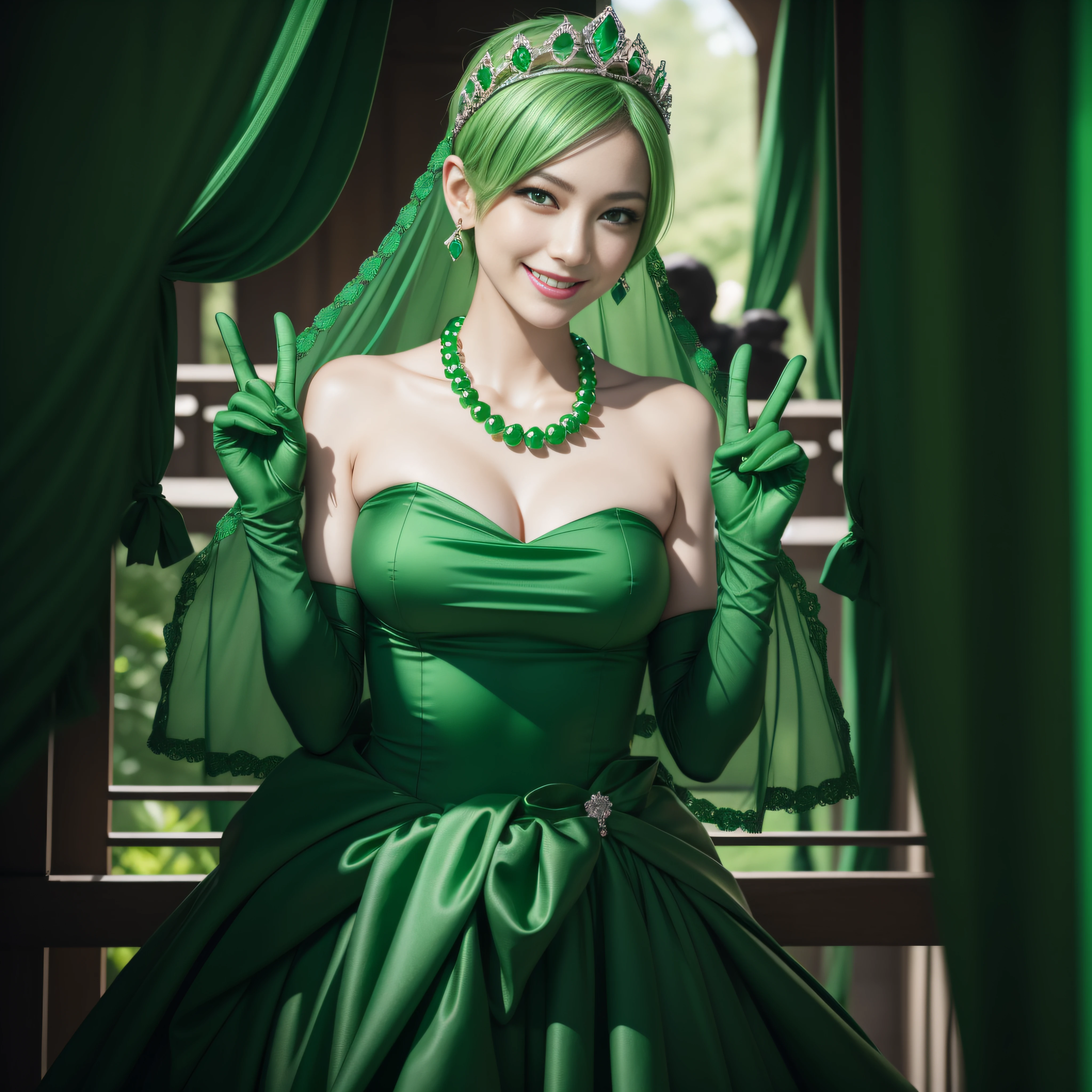 emerald tiara, Green Pearl Necklace, Boyish very short green hair, lipsticks, Japan woman smiling, very short short hair, big breasts beautiful, Green eyes, Long green gloves made of satin material, Green eyes, Emerald Earrings, green vale, v sign