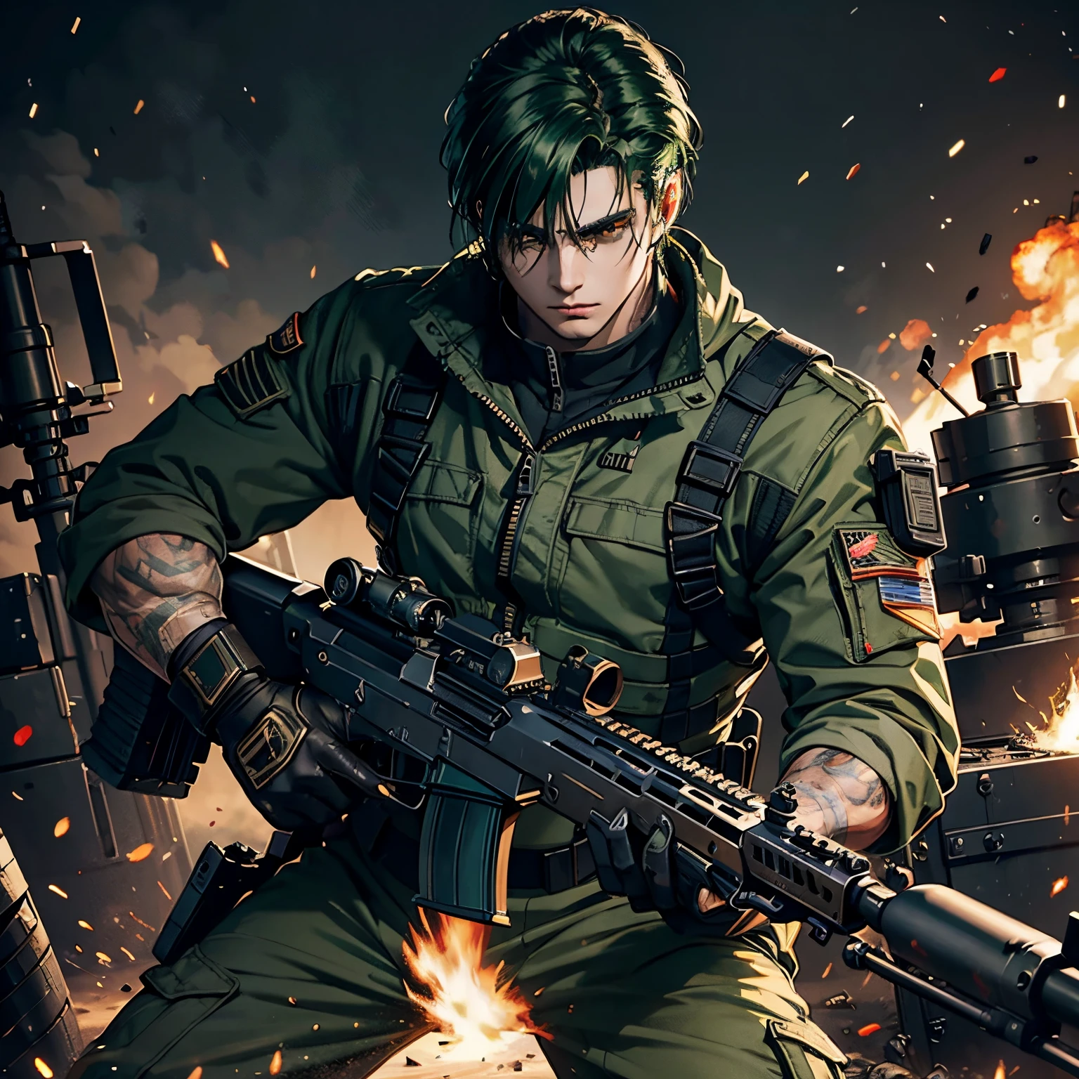 tmasterpiece, Best quality, hyper-detailing, CG illustration, Proper shading, Best quality at best，8K，tmasterpiece，Master illustration，1人，mtu，with hair dishevelled，Dark green hair，long whitr hair，A look of determination，machine guns，Gatling，With a machine gun，pea，Shoot green balls，army suit，armaments，mechs，army commander，Modern weapons and combat readiness，Firepower advantage，Kill zombies，Red goggles，wildness，Real men，Handsome