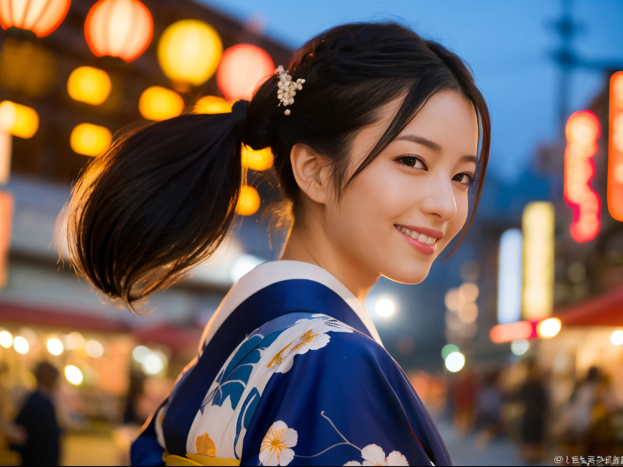 (((of the highest quality, 8K, masutepiece))), Crisp focus, (Beautiful woman with perfect figure), slender, (Hairstyle: ass hole up)), ((Kimono: CALA)), Street: 1.2 Highly detailed face and skin texture Detailed eyes Double eyelids Random posture, (Smile),Super cute Japan person,Super Beautiful Japan Girl, Realistic face, 二重まぶた,Smile,Summer festival , At sunset ,firework background.