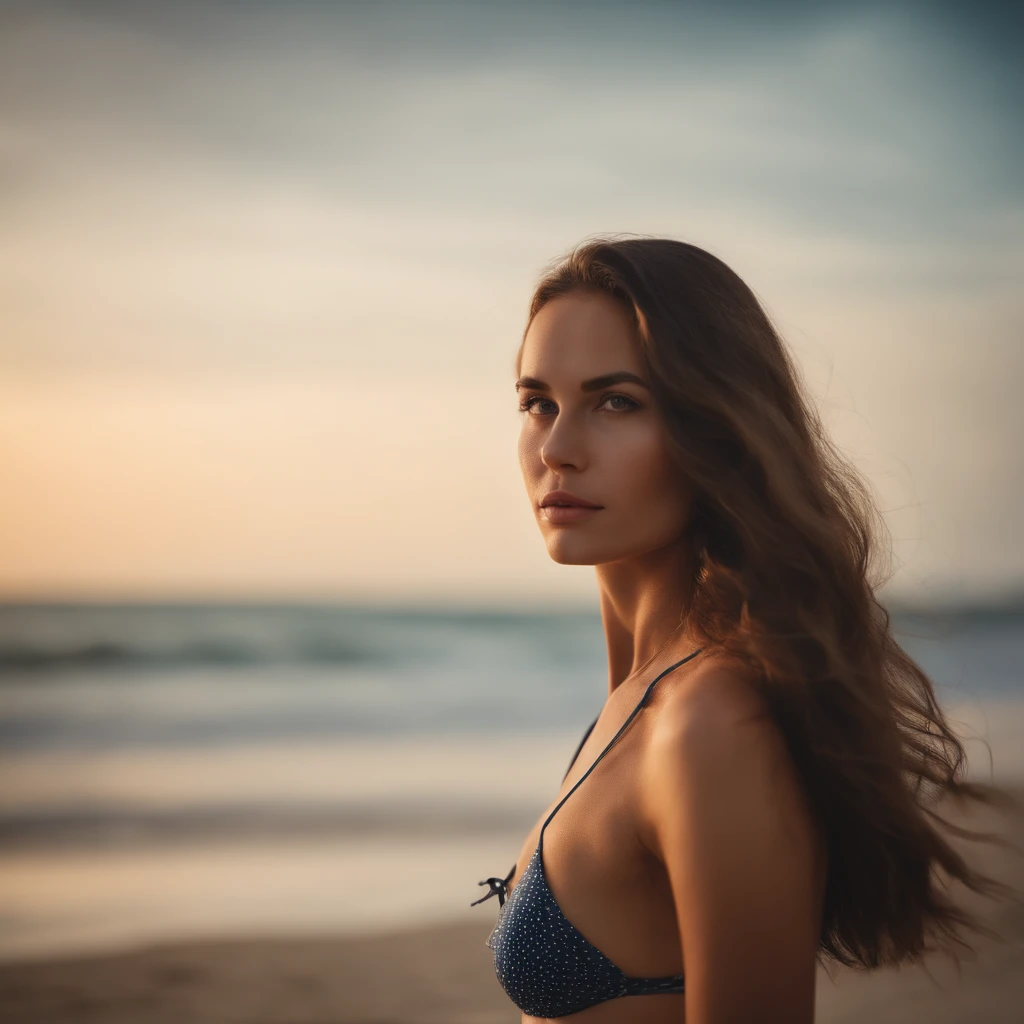 A beautiful thin girl with long brown hair, in the beach wearing a beautiful bikini. beautiful realistic