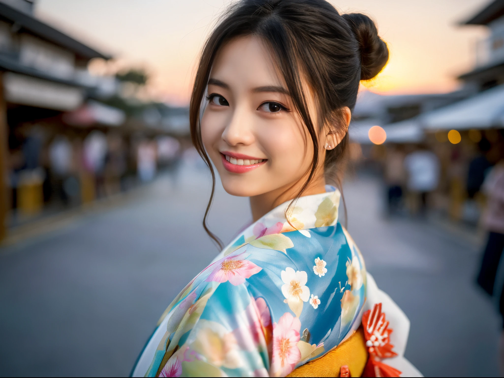 (((of the highest quality, 8K, masutepiece))), Crisp focus, (Beautiful woman with perfect figure), slender, (Hairstyle: ass hole up)), ((Kimono: CALA)), Street: 1.2 Highly detailed face and skin texture Detailed eyes Double eyelids Random posture, (Smile),Super cute Japan person,Super Beautiful Japan Girl, Realistic face, 二重まぶた,Smile,Summer festival , At sunset ,firework background.