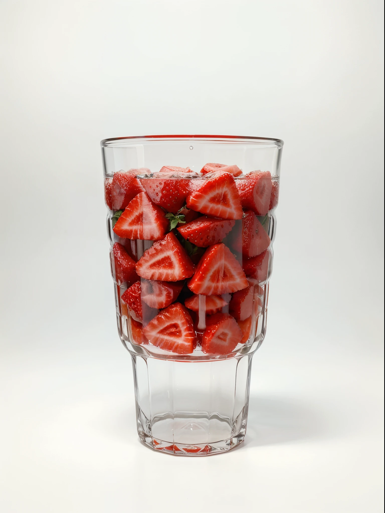 （Best quality，8K，Masterpiece：1.3）, NOhumans, Clear glass, There are a lot of watermelon slices, banana slices and strawberries in it, blend, detalhe poderoso, intense detail, on the white background, Clear detail, professional,（Hyper-realistic：1.3）