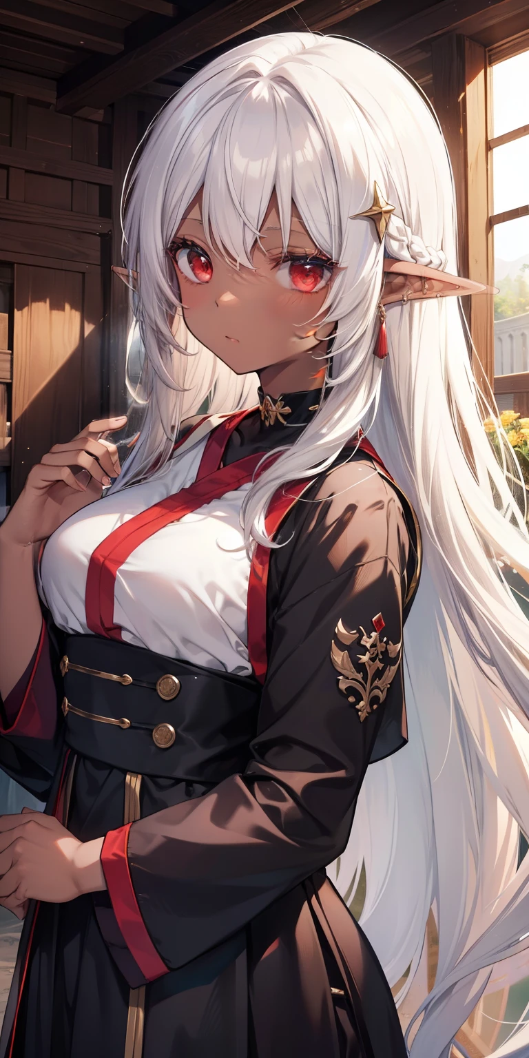(masutepiece: 1.2, Best Quality), 1 Lady, Solo, silber hair,The long-haired, Red Eyes, Black skin,sun burn,Brown skin,elvish、a choker,Silver Accessories,chies,Monastic uniforms,Cultivated woman,unclear