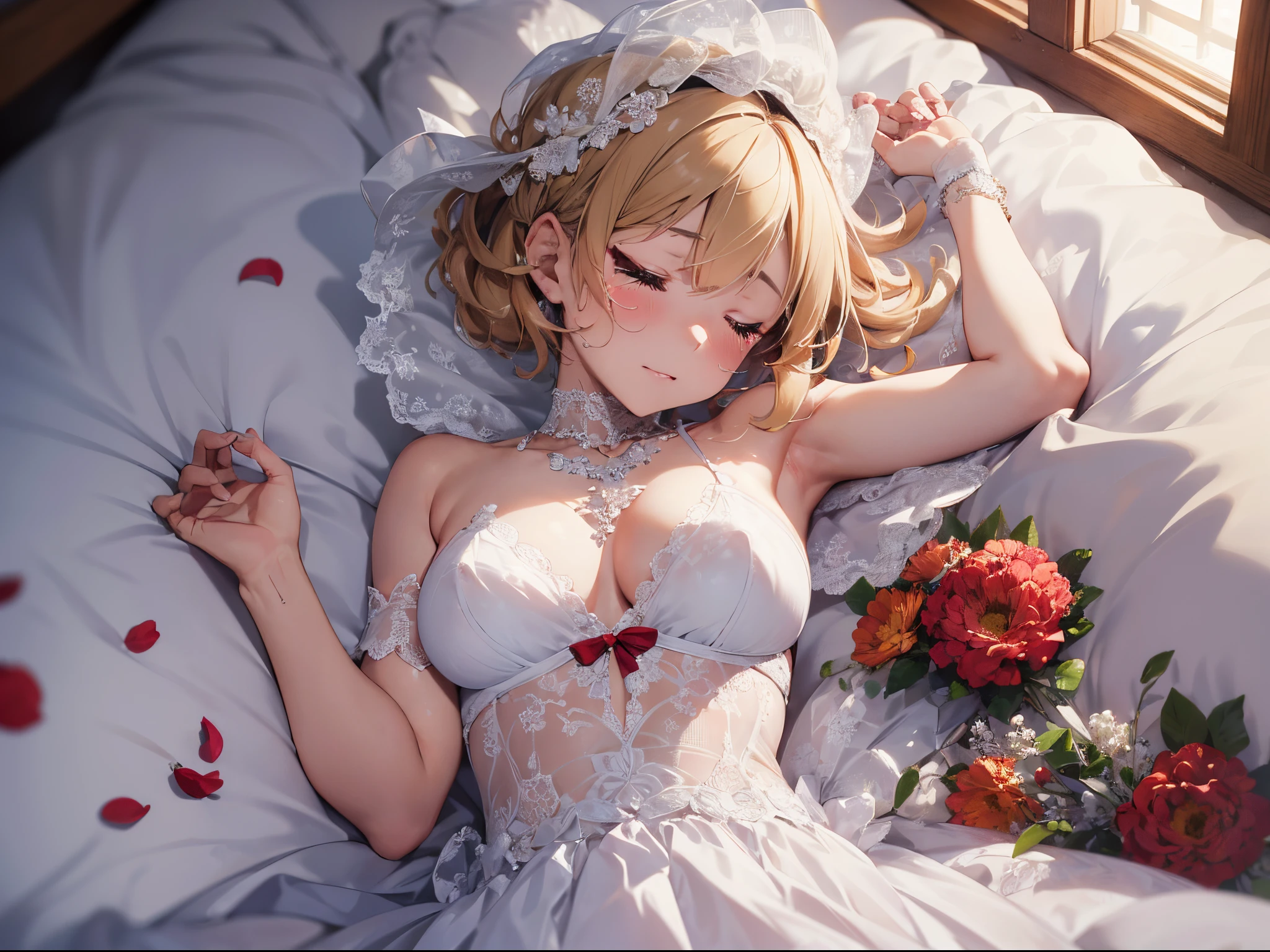 (Best Picture Quality, 4K, High Quality, Masterpiece:1.2), ((Masterpiece)), High Detail, High Quality, (HDR,16k, RAW Beautiful Girl Portrait, Best Picture Quality, Masterpiece:1.2), (Ultra-Definition Illustration), (nsfw), extremely beautiful, blond wavy short hair, round face, Petite girl, red flower petals, beautiful light, bedroom, crawling all four,  gorgeous wedding dress, wedding veil, armpits, embarassed, widely spread legs, (crying hard), closed eyes,