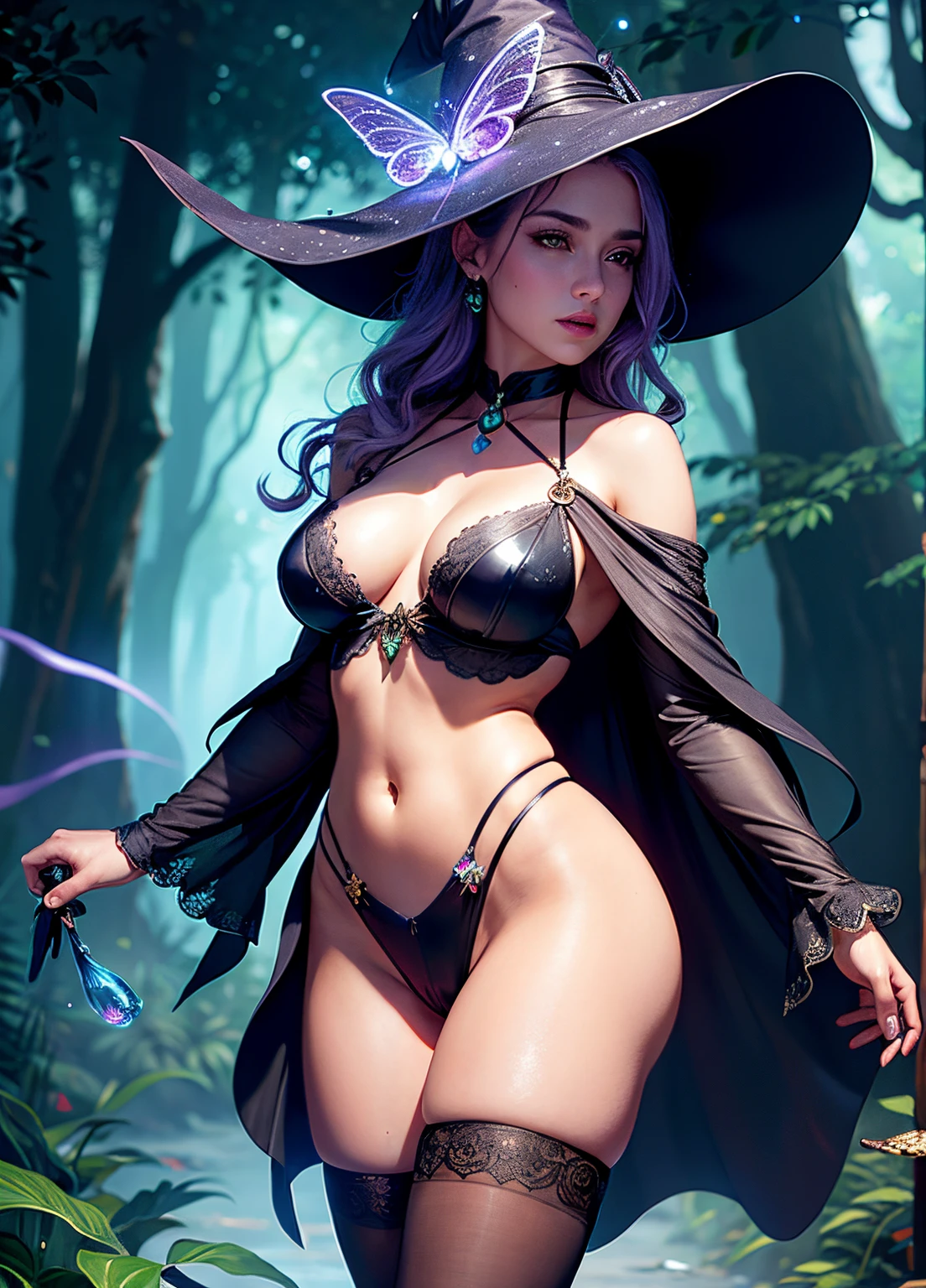 sexy full shot body photo of the most beautiful artwork in the world, illustration, cinematic light, fantasy, highres, highest quallity, ultra detailed, best quality, masterpiece, (detailed face), sexy mature woman wears a shirt and (torn) fullbody (transparent galaxy) cloths coat, floating cloth, choker, glowing (elder underworld fantasy) forest plants with neon details, open shoulders, tiny glowing butterfly, hair jewery, wearing a torn witch hat, (focus on body:1.25), night, small mutated animals in background, torn mini skirt ,a potion on hip, shoulder pads emitting magic energy, cameltoe, dark, light reflection