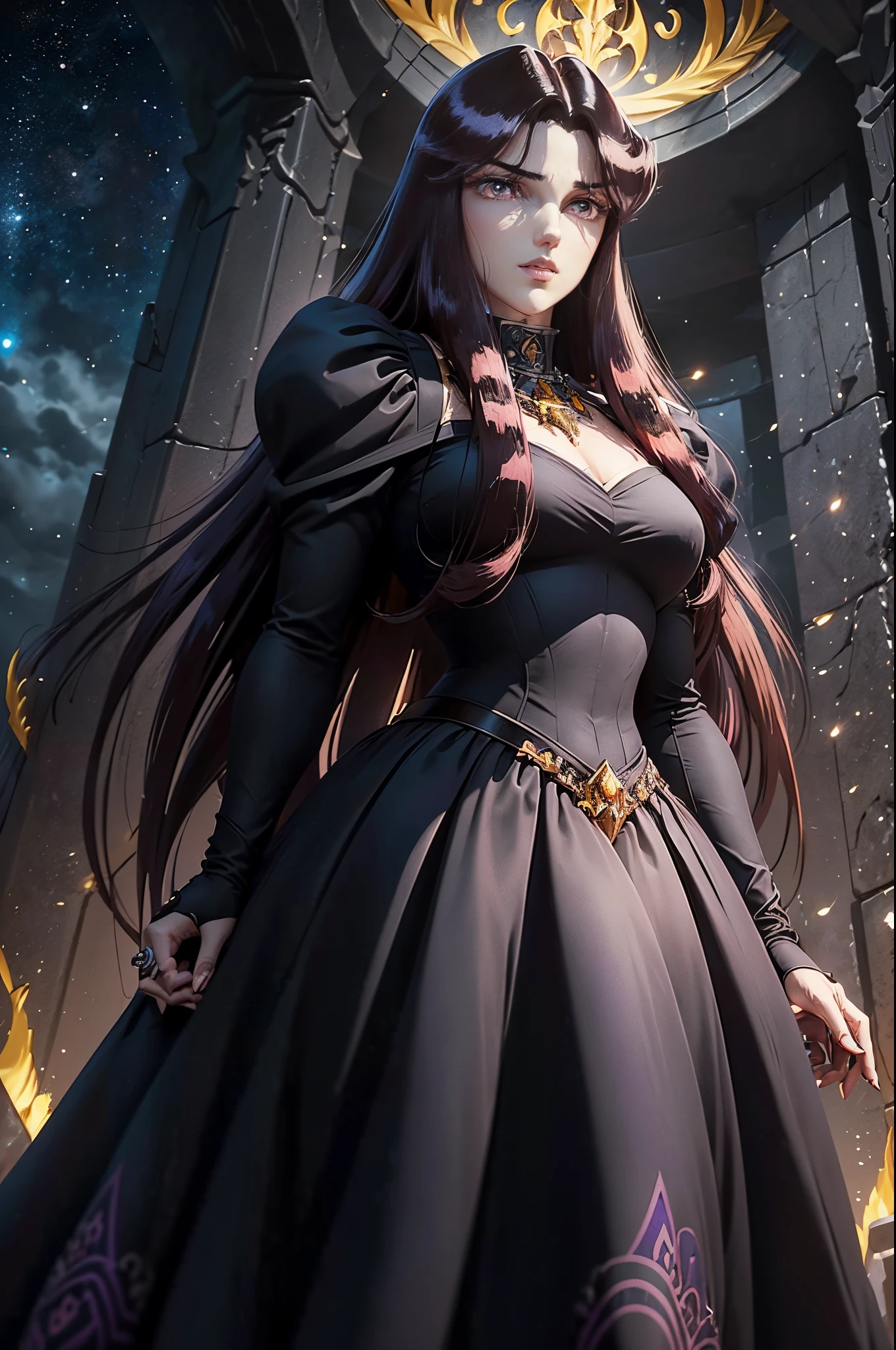 Masterpiece, ultra detailed, photorealistic, raw, (Saint Seiya Hades animed series's Pandora Heinstein)  a gir of great beauty, Her physique is as follows: girl with long hair in a long black dress)), Her hair is black as night , misato katsuragui hair cut, long and straight, falling down her back to her waist. ((Misato hair cut)), Her bangs cover part of her forehead and frame her oval face. His eyes are purple, ((purple big eyes)),((large eyeslashes))((which contrasts with his pale skin and dark hair. His eyes reflect his cold, cruel and ambitious personality. His nose is fine and straight, which gives him an aristocratic and elegant appearance. Her mouth is small and delicate, with red, full lips. His smile is strange and is usually ironic or malicious. Her body is slender and curvy, with generous breasts and marked hips. His height is medium and his posture is upright and proud. Her clothing consists of a black dress with a tiable,  with gold details and a red cape. The dress has a V-shaped neckline that exposes part of her chest and reaches to her feet, (((puffed sleeves))),  she looks like a  17 year - old anime goth girl, gothic maiden girl, dark witch character, dark sorceress fullbody pose.