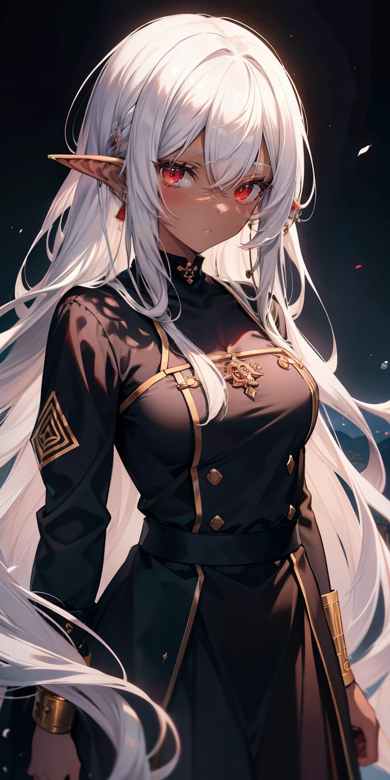 (masutepiece: 1.2, Best Quality), 1 Lady, Solo, silber hair,The long-haired, Red Eyes, Black skin,sun burn,Brown skin,elvish、a choker,Silver Accessories,chies,Monastic uniforms,Cultivated woman,unclear