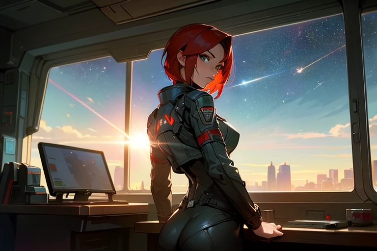 ((Best quality)), inside spaceship, console desk by window, looking out into space, Female shepard from mass effect series, short red hair, pale green eyes, (muscular build), wearing casual clothes, leather jacket, open jacket, breast, ass, cleavage, ((looking away from viewer)), staring out into space, stars, sun, sun flare, side shot