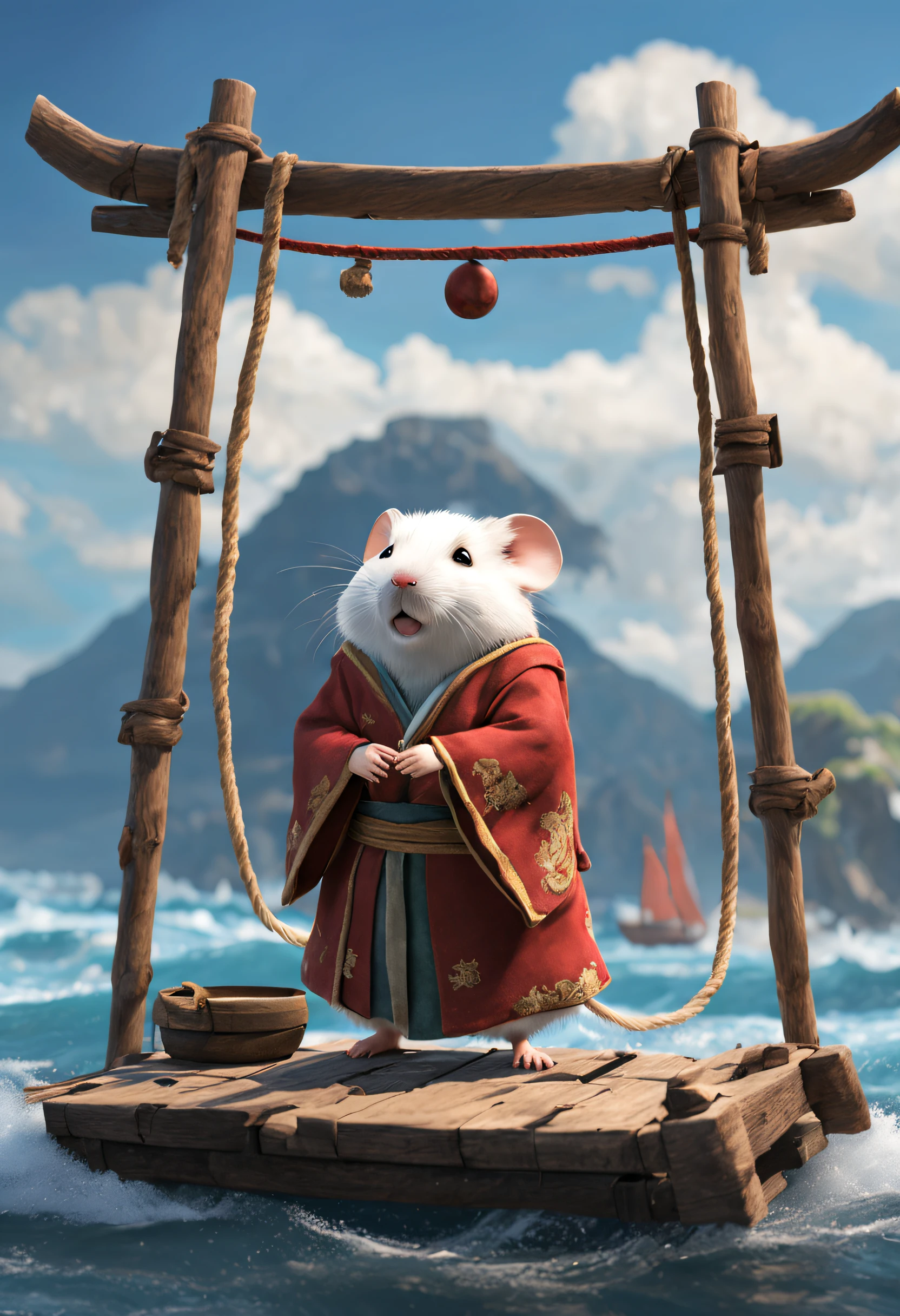 Hagi Yuan Yuan style，scenography, Very unified CG design,  (Hamster adventurer standing on a broken raft made of wood and rope）， Wearing very shabby robes，,Background with：Fenghai， pixar-style