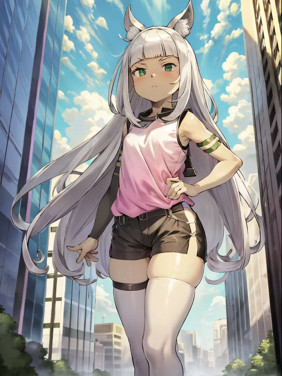 Ochette, 1girl, crowded city, green eyes, giantess, massive, tall, cute, full body picture, buildings, gao, larger than buildings, best quality, pink clothing, buildings nearby, between buildings, taller than skyscrapers, flat ground, standing, ground visible, loose black shorts, adorable, kind, gentle, empty hands, small build, slim, medium legs