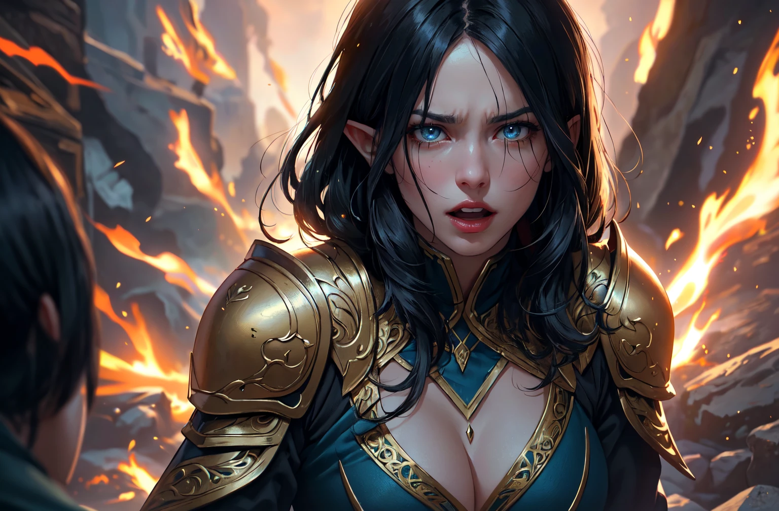 ((masterpiece)),(best quality), ((mature)) beautiful 1woman elf ranger, ((cinematic)), dynamic:1.2, intricate ((closed realistic)) armor, particles:1.2, (pastel:1.2), (black hair), (intricate cinematic background:1.2), (depth of field), (emotional face), fantasy, thriller, (Action movie), amazing, Powerful, Mysterious, ((dramatic scene from movie)), (scream)