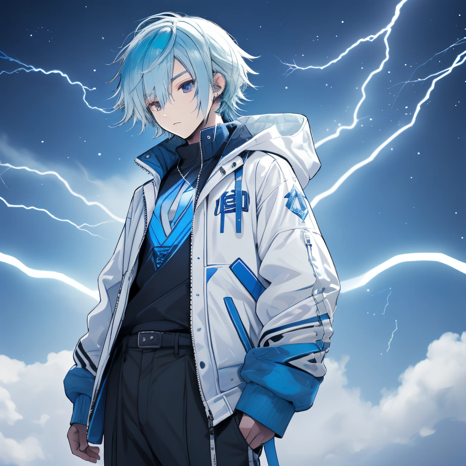 Cool,Boy avatar,surrounded by blue lightning,Master of Elements,White clothes,There are tiny blue stripes on the clothes,The expression is cold,Pale blue hair