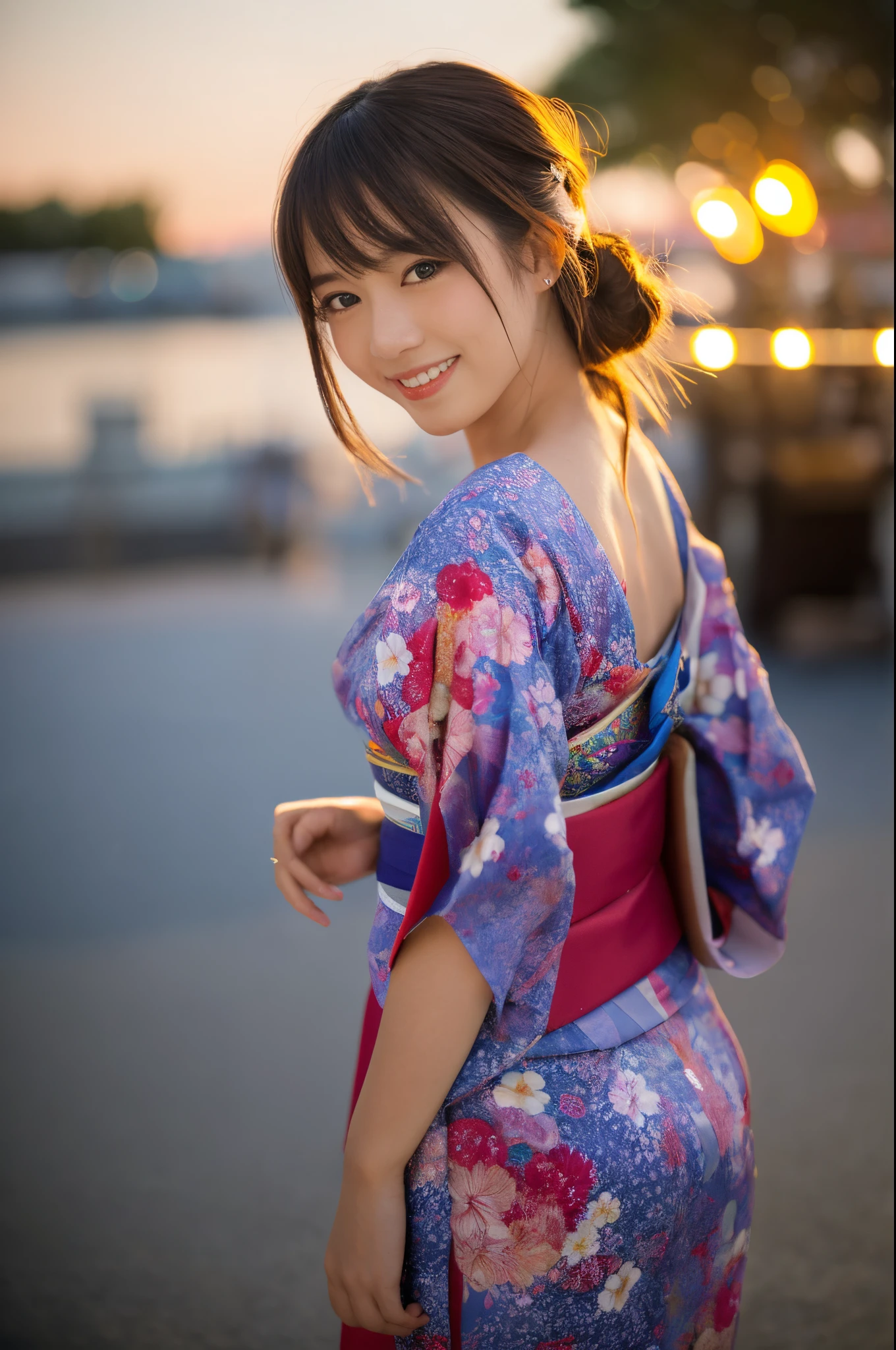 (((of the highest quality, 8K, masutepiece))), Crisp focus, (Beautiful woman with perfect figure), slender, (Hairstyle:  ass hole up)), ((Kimono: CALA)), Street: 1.2 Highly detailed face and skin texture Detailed eyes Double eyelids Random posture, (Smile),Super cute Japan person,Super Beautiful Japan Girl, Realistic face, 二重まぶた,Smile,Summer festival , At sunset ,firework background.