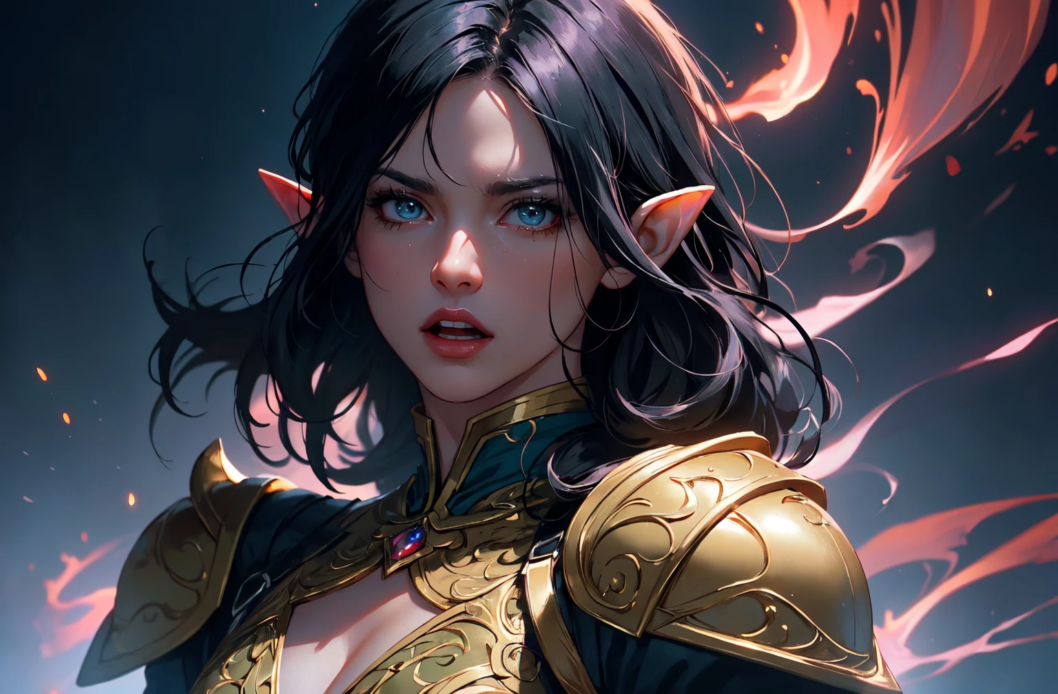 ((masterpiece)),(best quality), ((mature)) beautiful 1woman elf ranger, ((cinematic)), dynamic:1.2, intricate ((closed realistic)) armor, particles:1.2, (pastel:1.2), (black hair), (intricate cinematic background:1.2), (depth of field), (emotional face), fantasy, thriller, (Action movie), amazing, Powerful, Mysterious, ((dramatic scene from movie)), (scream), war
