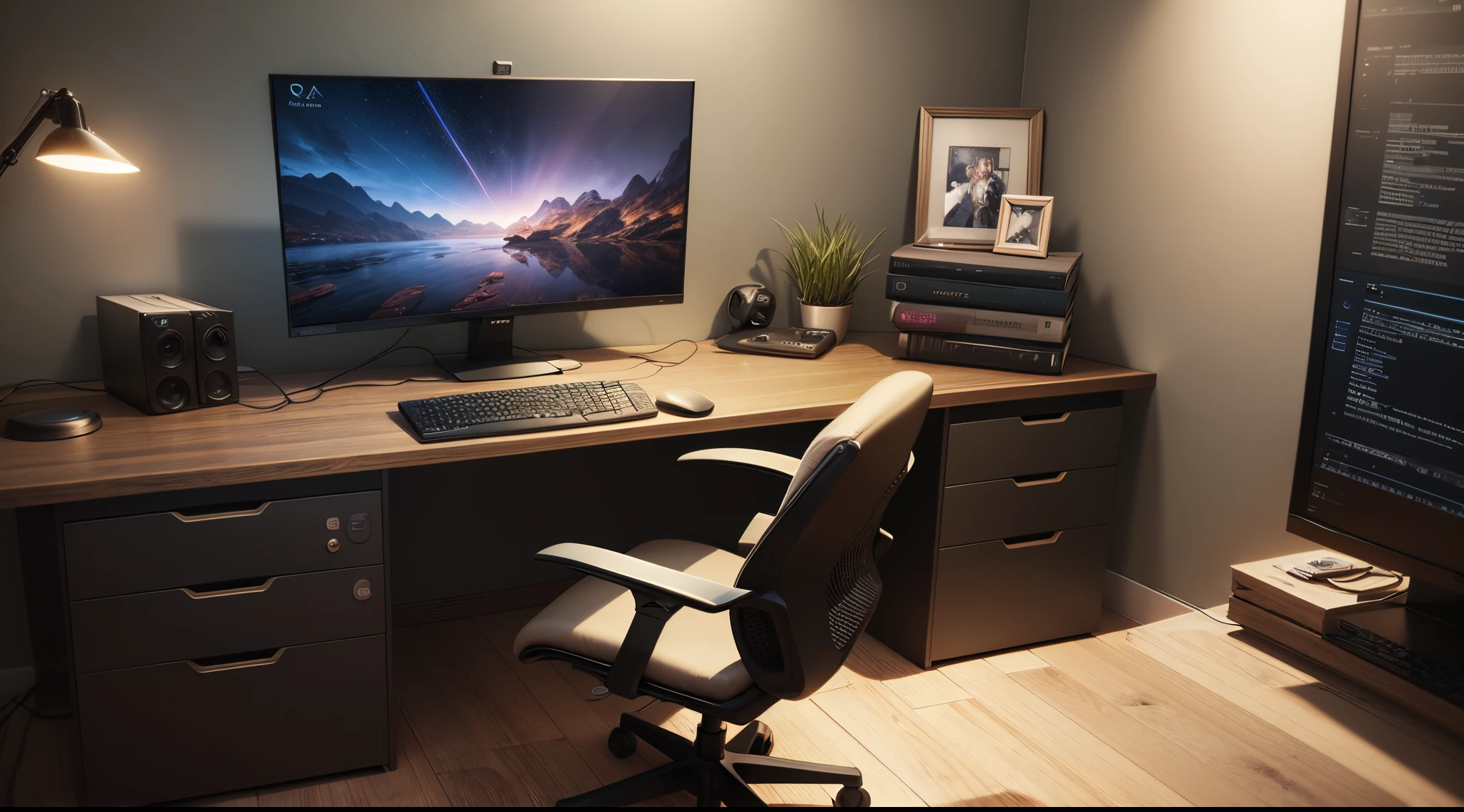 good lighting and modern home office with desk, 32" 4k monitor, gamer accesories, attractive look, hyper realistic --auto --s2