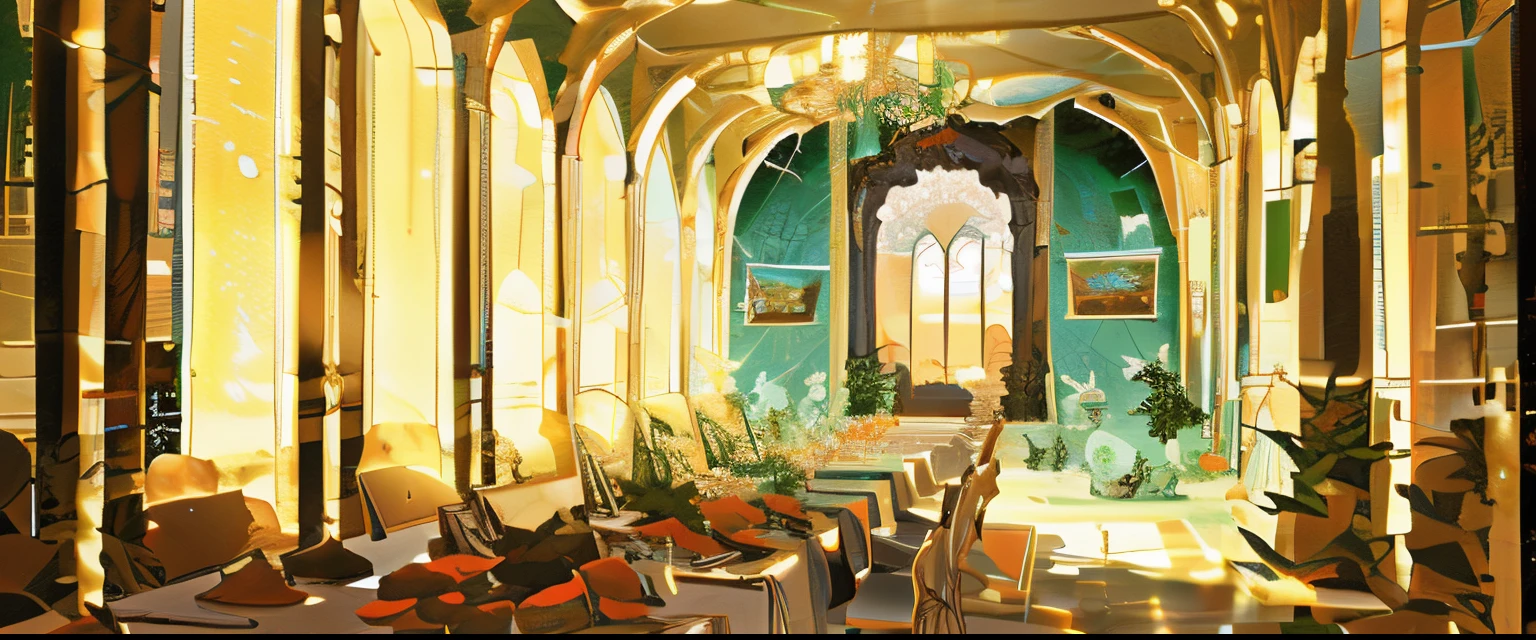 At a banquet in a European-style castle, Decorative photo frames hanging on the wall，Green plants placed in the corner. The table is filled with all kinds of delicious food.、Cake’s requirements for atmosphere, Fruit and refreshments: In the daytime, A beam of light shoots out of the window，shine on the table，Glaze products reflect the requirements of colorful light point painting style: Make 2D colors clean and transparent, You can use some contrast and color jump methods.