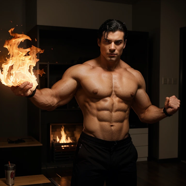 White man. Black hair. Black pants. Without shirt. Muscled. Red blet. Fist in fire. eyes in fire. 20 years old