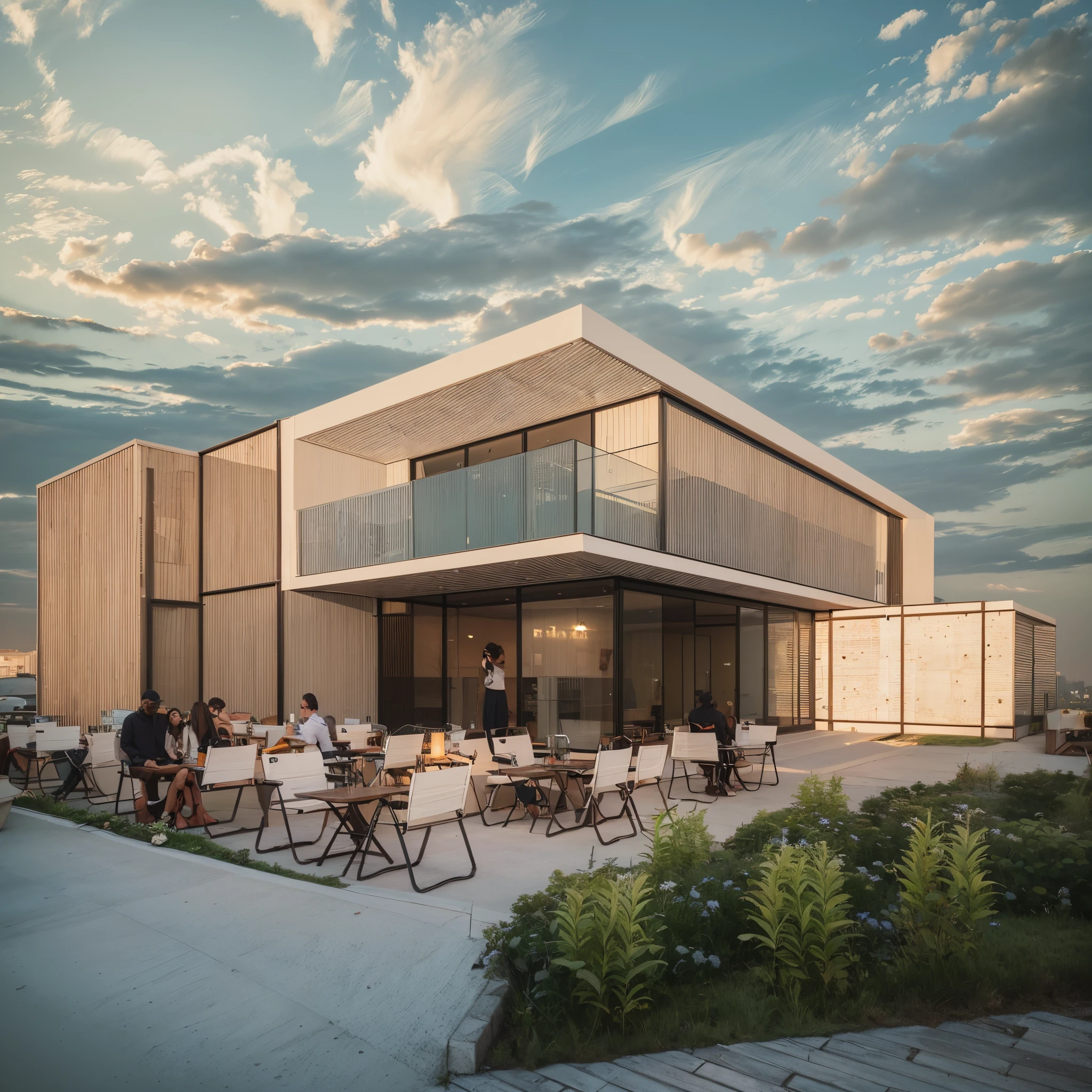 (((tmasterpiece))),((Best quality)),Award-winning architectural exterior design,building exterior,((cafe shop)),cafe shop,Commercial café,glass,cementitious , aluminium,Asphalt pavement,grassy fields, ray traycing, The content is very detailed,hyper realisitc,Hyper Real