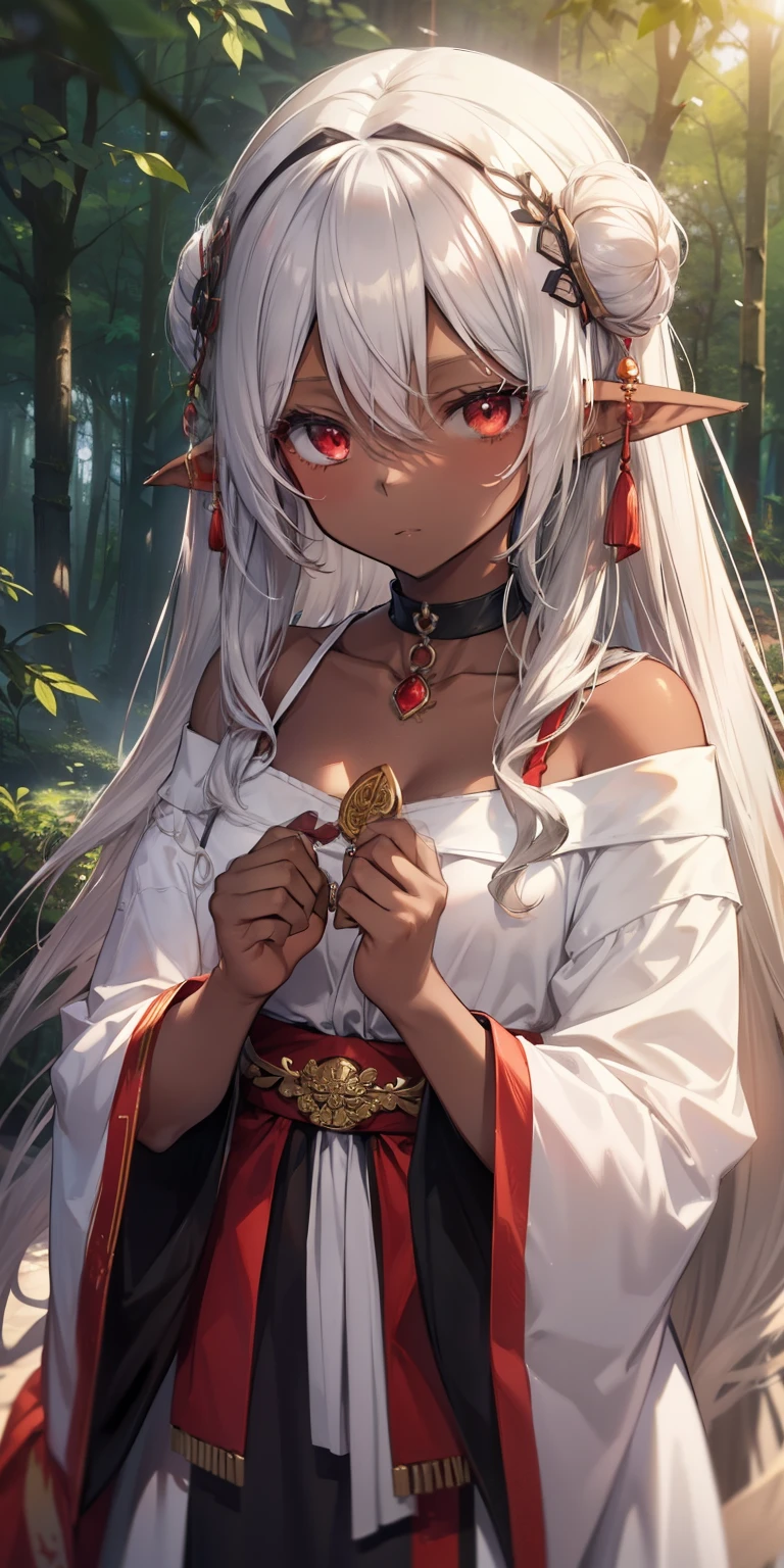 (masutepiece: 1.2, Best Quality), 1 Lady, Solo, silber hair,The long-haired, Red Eyes, Black skin,sun burn,Brown skin,elvish、a choker,Silver Accessories,the woods,shrine maiden clothe
