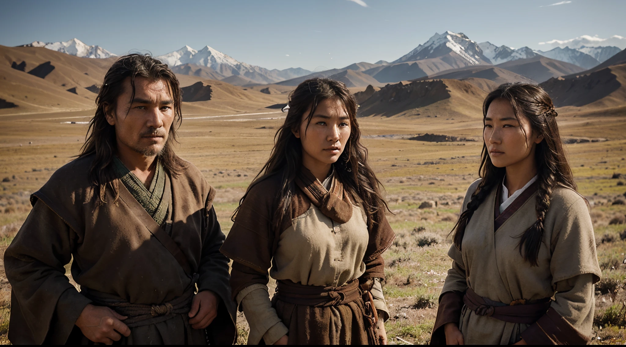 Craft a cinematic sequence that explores the ethereal beauty of Mongolian nomadic life. Envision sweeping shots of traditional gers against the backdrop of changing landscapes. Capture the transition from lush grasslands to rugged terrains, portraying the nomadic spirit with the intensity and dreamlike quality found in Christopher Nolan's visual storytelling