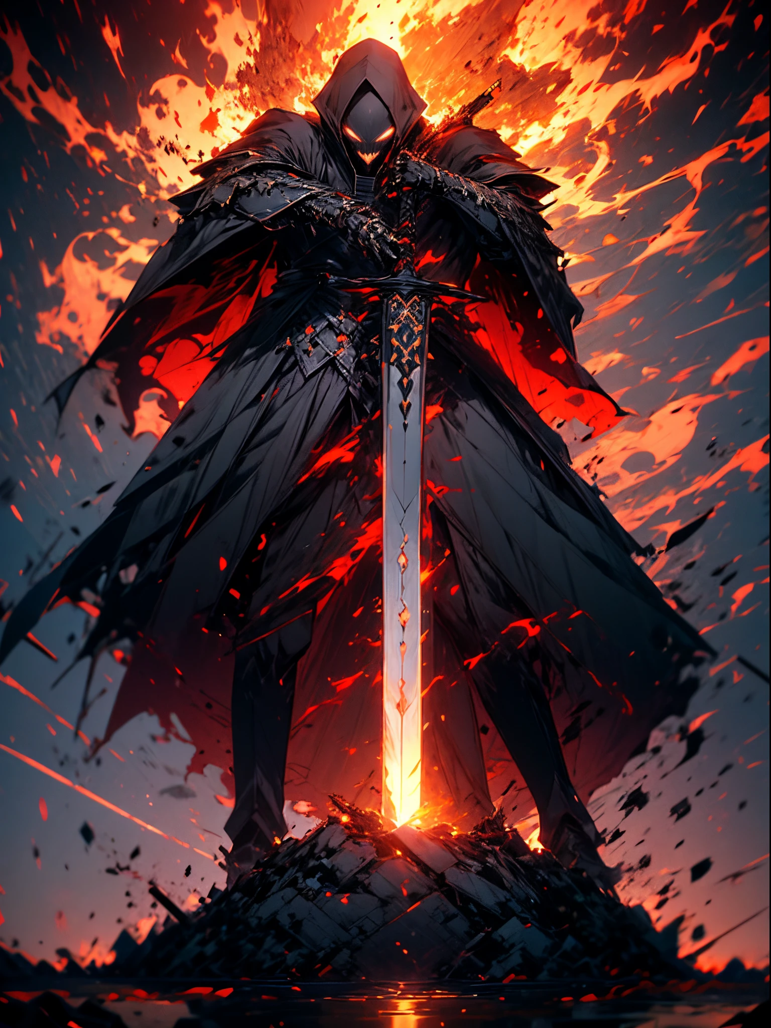 anime character with sword standing in front of a building, fallen knight, from arknights, gothic knight, evil knight, the style of wlop, fantasy knight, knight, royal emperor, dark souls knight, off-white plated armor, wearing heavy armor with cape, black heavy armor with gold trim, smooth anime cg art, artorias, glowing sword