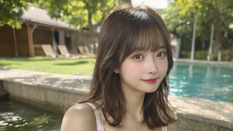 top-quality, realisitic, 8K, 独奏, A smile, ​masterpiece, 1girl in,depth of fields, profetional lighting, hight resolution,cute little,femele, full body Esbian, ​masterpiece:1.2, portlate:0.6,s lips, Mole, Natural Color Lip, Beautiful detailed eyes, masutepiece, Bangs, swim wears、A sexy、big round chest、cleavage of the breast、F-cup