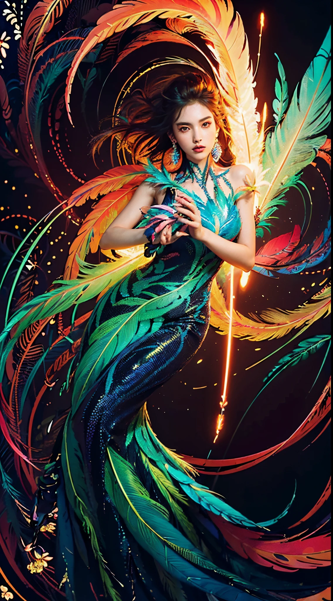 (masterpiece, top quality, best quality, official art, beautiful and aesthetic:1.2), (1girl:1.3), extremely detailed,(fractal art:1.1),(colorful:1.1)(flowers:1.3),highest detailed,(zentangle neon:1.2), (dynamic pose), (abstract background neon:1.3), (shiny skin), (many colors:1.4), ,(earrings), (feathers:1.5) , (Flamethrower:1.3),red background,Phoenix dress,Neon,full HD