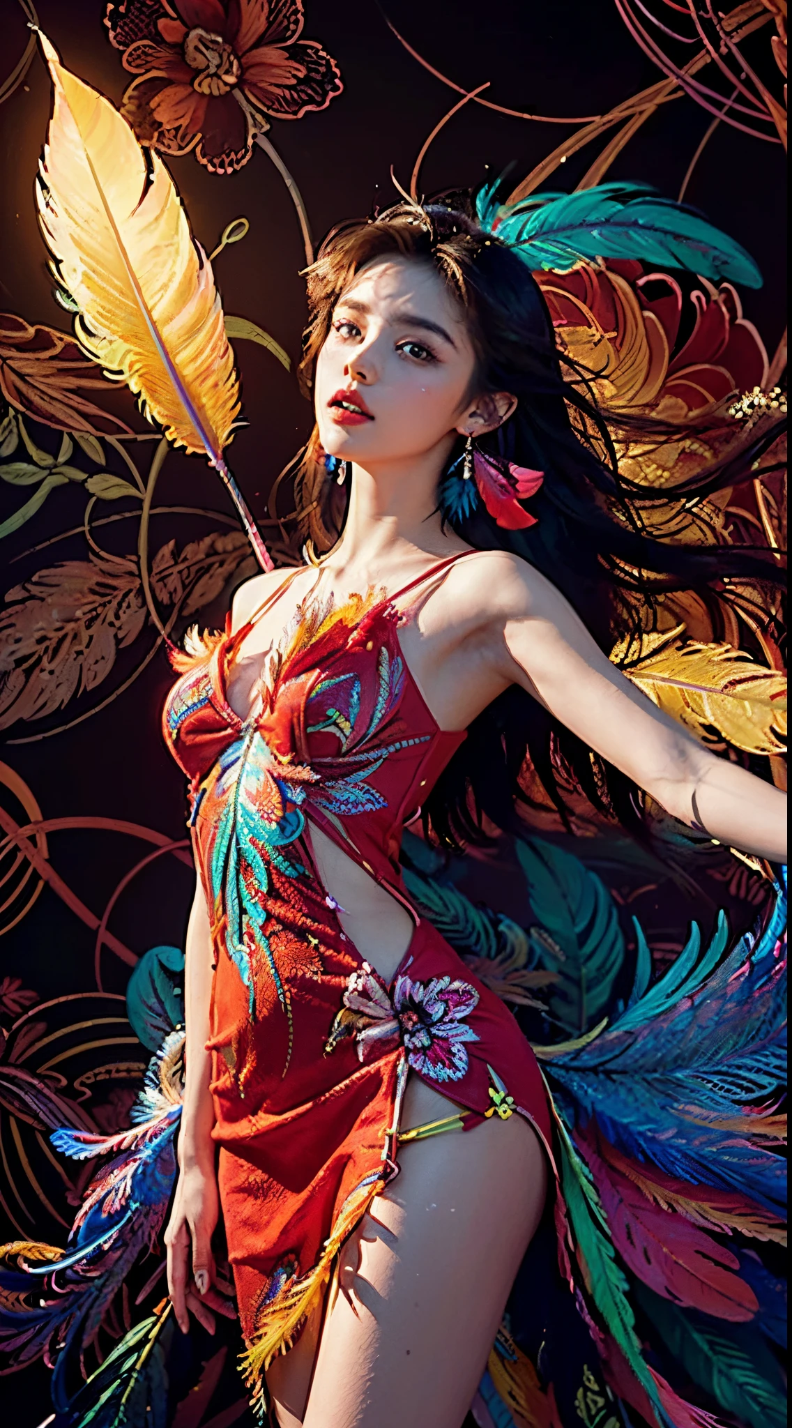 (masterpiece, top quality, best quality, official art, beautiful and aesthetic:1.2), (1girl:1.3), extremely detailed,(fractal art:1.1),(colorful:1.1)(flowers:1.3),highest detailed,(zentangle neon:1.2), (dynamic pose), (abstract background neon:1.3), (shiny skin), (many colors:1.4), ,(earrings), (feathers:1.5) , (Flamethrower:1.3),red background,Phoenix dress,Neon,full HD