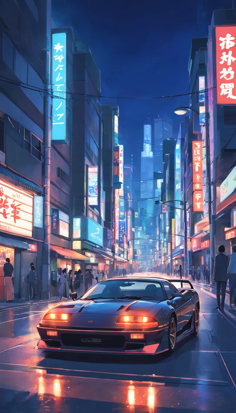 Shibuya, Japan,the night,racing car,black sports car,城市,Buildings,neon,