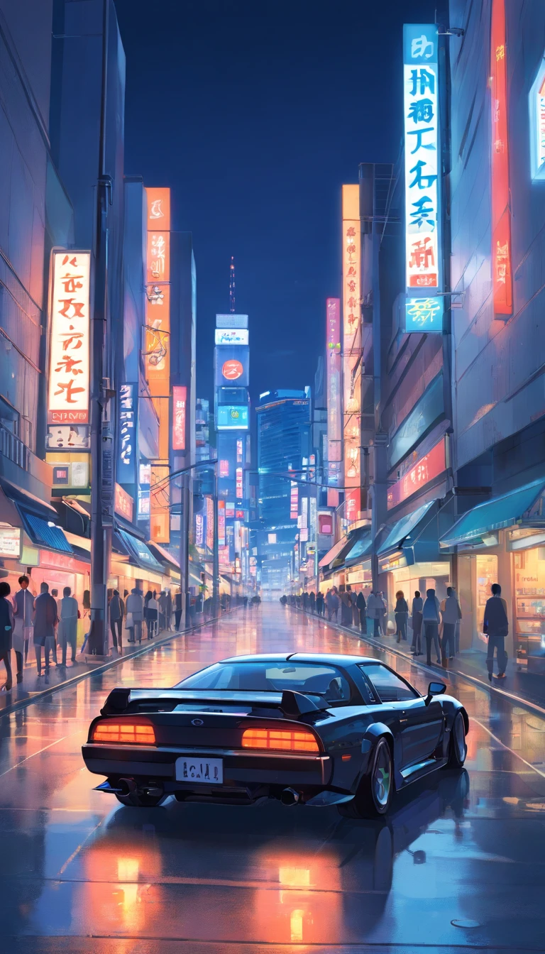 Shibuya, Japan,the night,racing car,black sports car,城市,Buildings,neon,