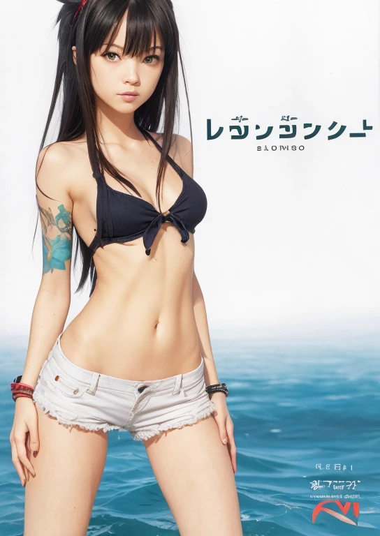 realistic, keep clothes, keep pose, keep colors, keep shadows ,hotpants, denim shorts,red thong,white background,rin shibuya, black hair, (green eyes:1), long hair,