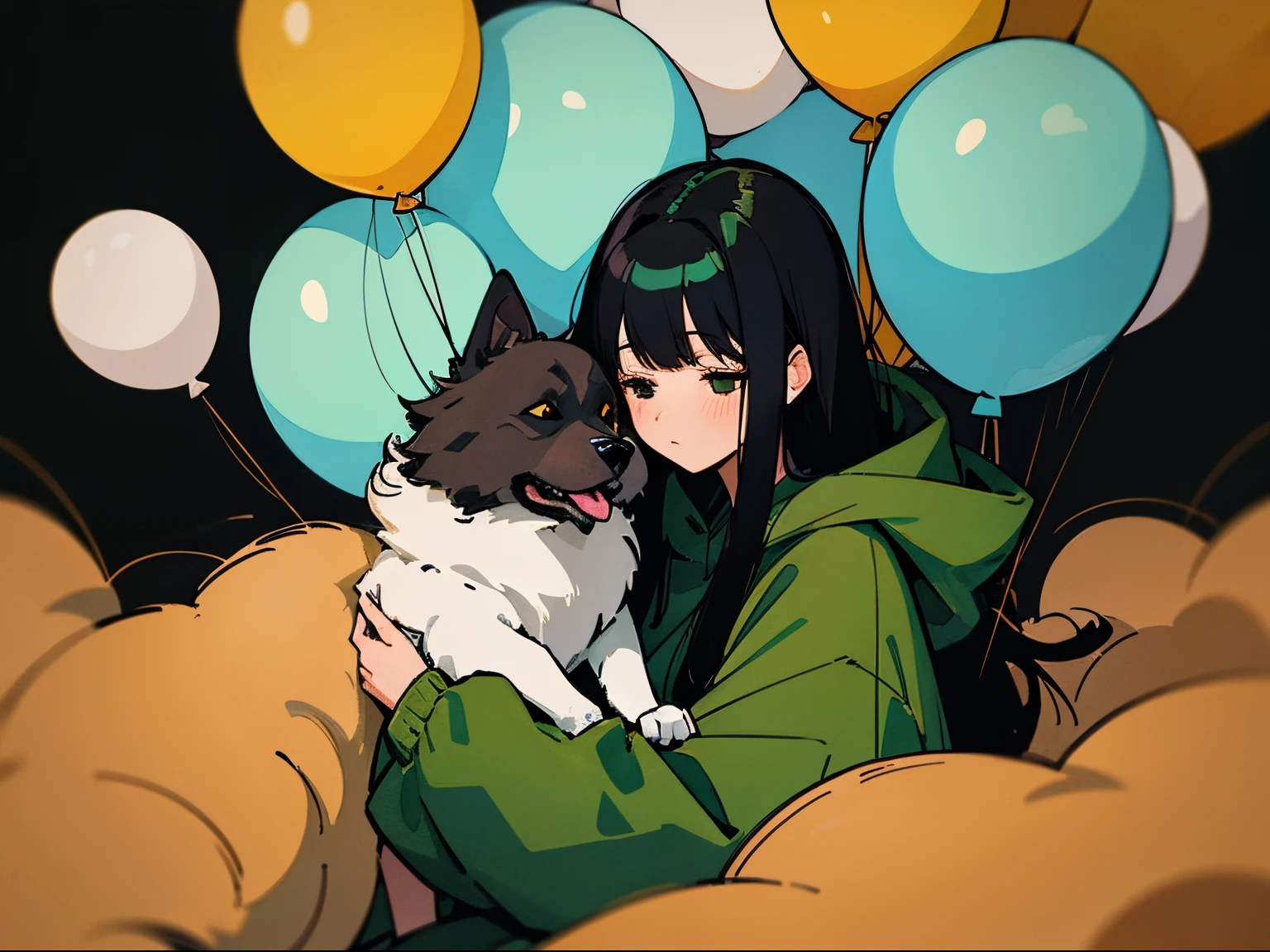 A 20-year-old black-haired woman petting a dog, Calm、Gentle light、black backgrounds、Coffee、head shot、Lo-Fi Illustration、Balloon ride、a relaxing sight、Woman in hoodie、looks sleepy、Green clothing、A big fluffy dog is sitting next to me.、Cute dog、golden coat dog、The perfect dog、