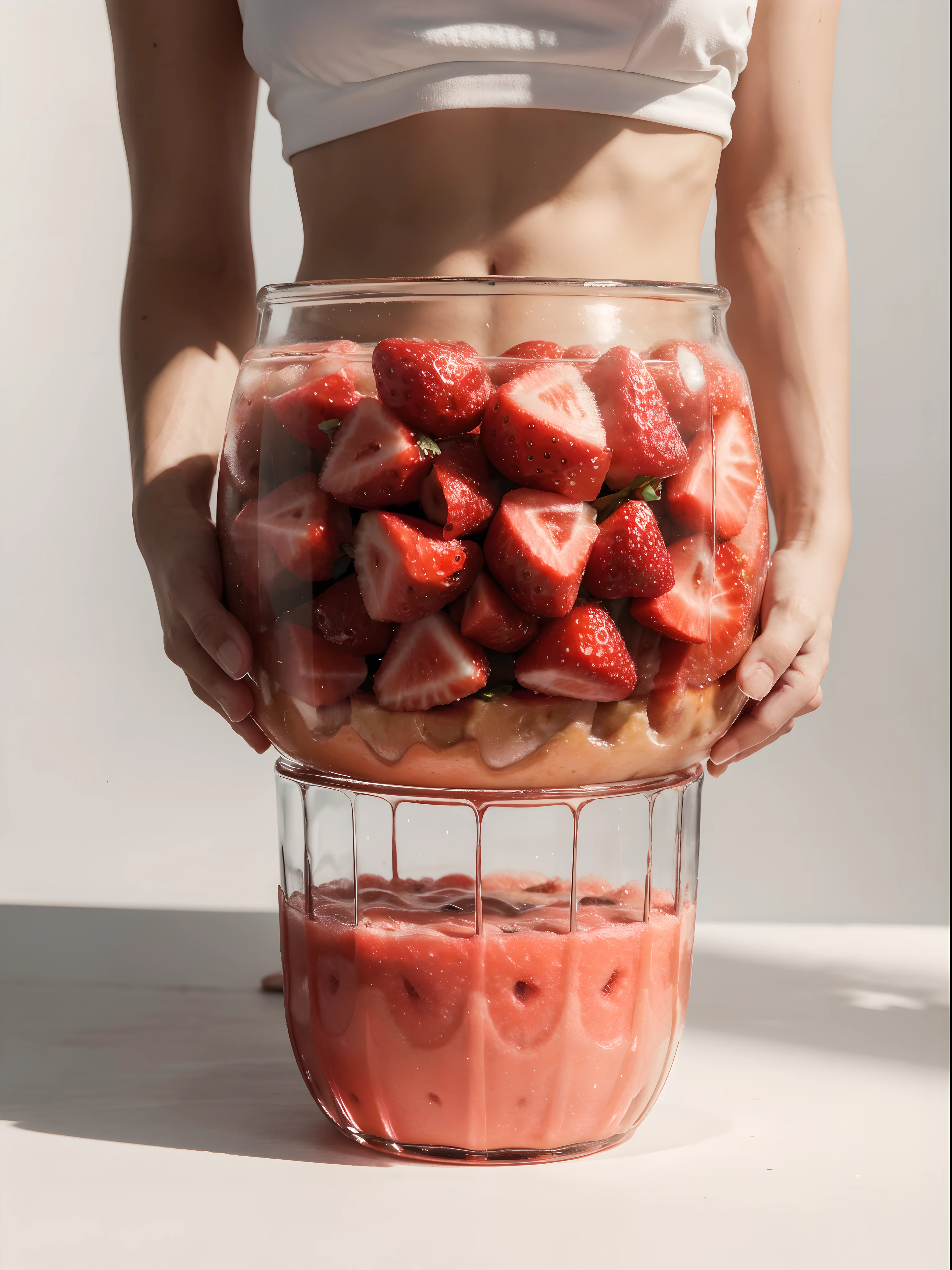 (Best quality at best,8K,tmasterpiece:1.3), without humans, Transparent blender, There are many watermelon slices, There are banana slices and strawberries inside, blend, de tarhepodroso, intense detail, on the white background, Clear detail, professional,(hyper realisitc:1.3)