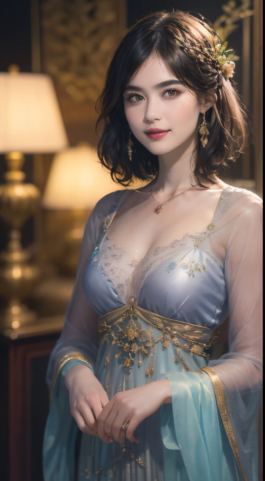 119
(a 20 yo woman,is standing), (A hyper-realistic), (high-level image quality), ((beautiful hairstyle 46)), ((short-hair)), (Gentle smile), (brest:1.1), (lipsticks), (florals), (light and dark), (rembrandt painting), (Luxurious room), (Depth of field is deep)