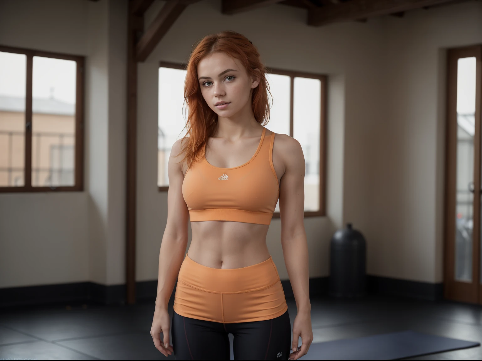 1girl in, age19, Solo, Aesthetic artwork, irish redhead, wavy ginger hair, shoulder length ginger hair, hair in a ponytail, green eyes, light green eyes, freckles, pale skin, large breasts, runners body, detailed skin texture, in a gym, on a yoga mat,(extremely detailed 8k wallpaper), soft lighting, high quality, film grain, Fujifilm XT3 sharp focus, f 5.6, 50mm, High Detail, Sharp focus,(natural light), sports bra, orange sports bra, black leggings, crazy details, complex details, hyper detailed, full body shot