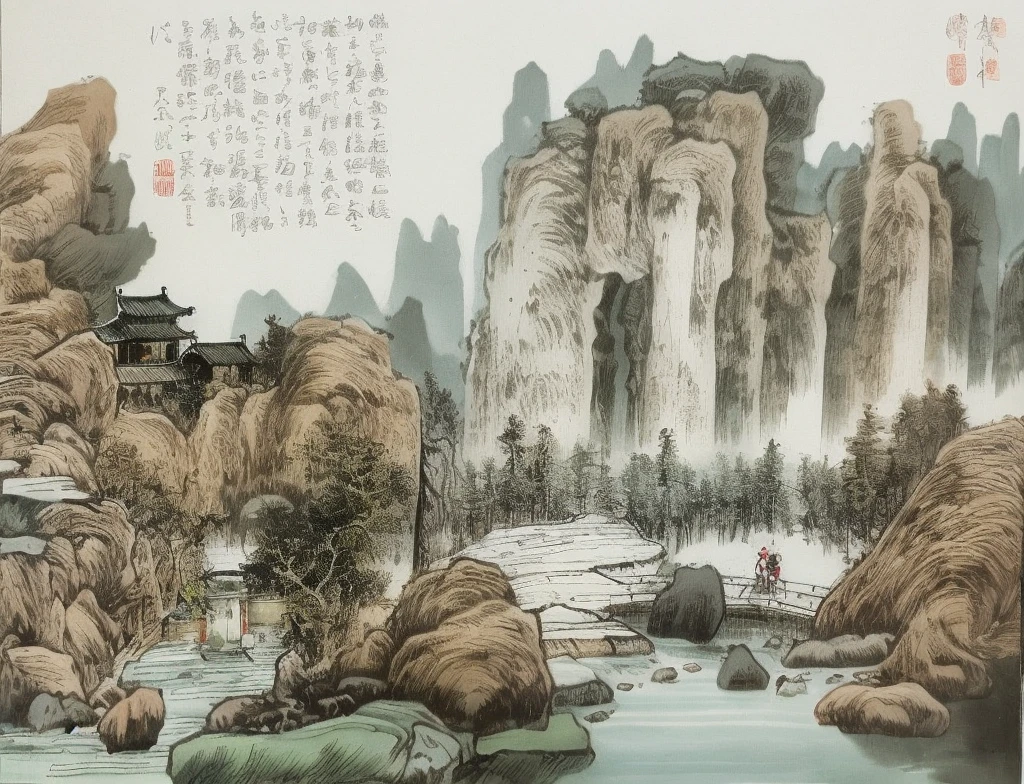 Mountain view with river and village, chinese brush pen illustration, z style art work.show on. to the, Pen illustration, Pen and ink illustration, full page illustration, Detailed view – width 672, The landscape, Chinese landscape, Inspired by::《Qiu Wentianjiang》
