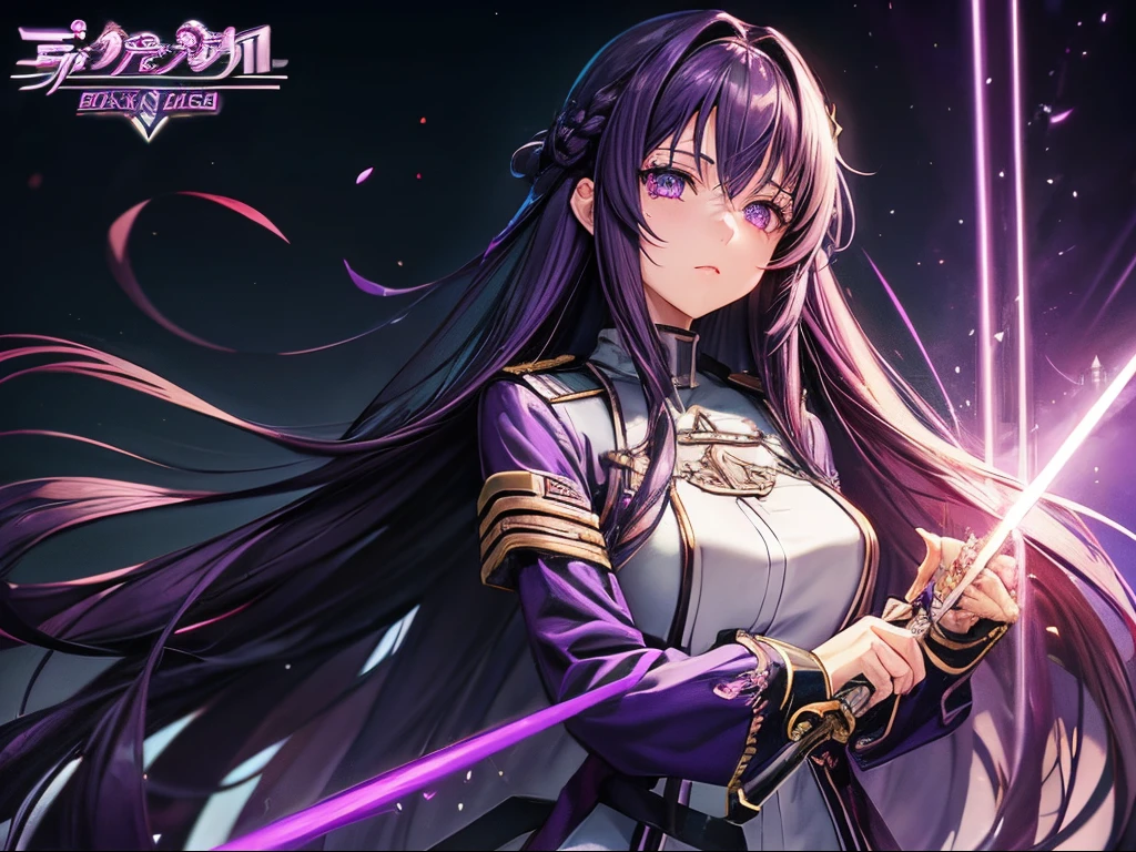 She have Long hair, dark purple hair color, light purple eye color, cute face, hair pin, height 175 cm, weight 55 kg, wears a dark purple uniform. anime character with a clothes from Sword Art Online inspired, official fanart, made with anime painter studio, official art, made in A-1 Pictures Studio anime style
