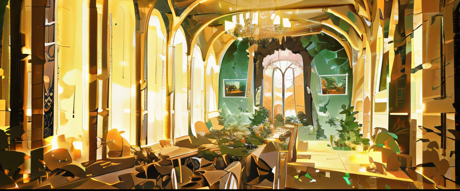 At a banquet in a European-style castle, Decorative photo frames hanging on the wall，Green plants placed in the corner. The table is filled with all kinds of delicious food.、Cake’s requirements for atmosphere, Fruit and refreshments: In the daytime, A beam of light shoots out of the window，shine on the table，Glaze products reflect the requirements of colorful light point painting style: Make 2D colors clean and transparent, You can use some contrast and color jump methods.