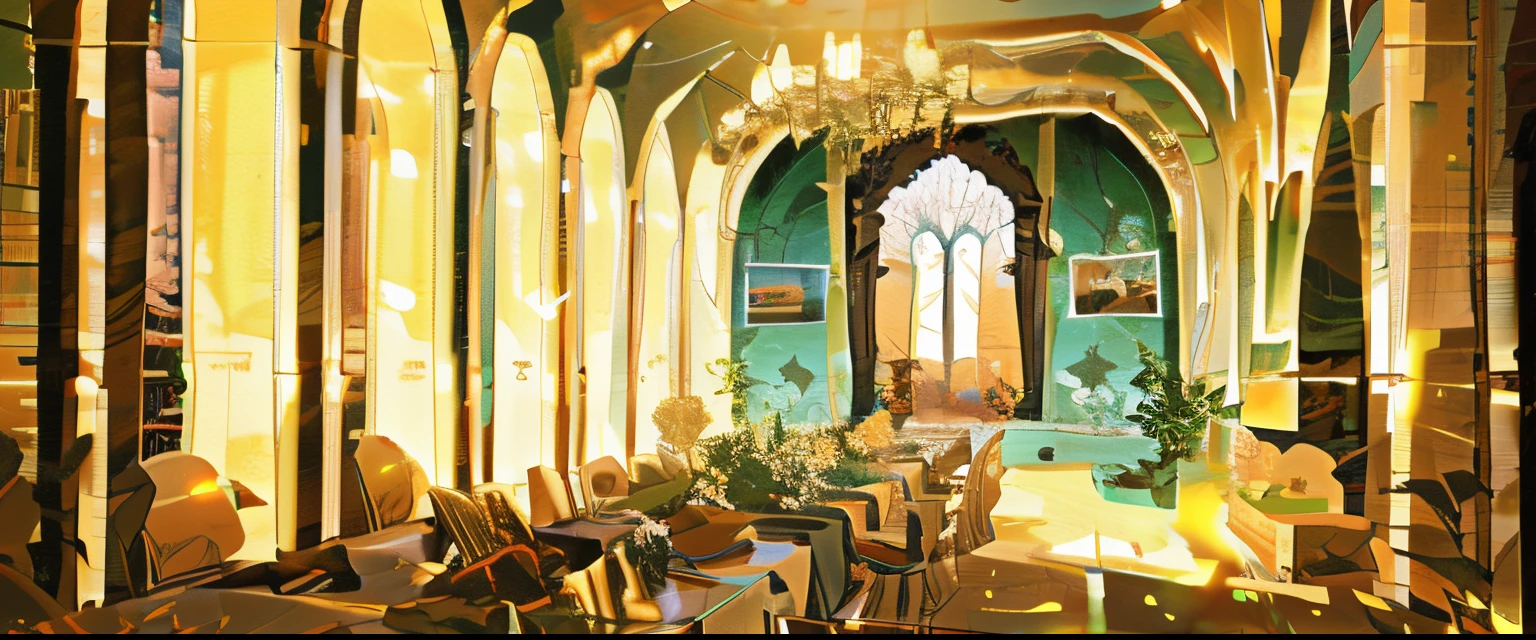 At a banquet in a European-style castle, Decorative photo frames hanging on the wall，Green plants placed in the corner. The table is filled with all kinds of delicious food.、Cake’s requirements for atmosphere, Fruit and refreshments: In the daytime, A beam of light shoots out of the window，shine on the table，Glaze products reflect the requirements of colorful light point painting style: Make 2D colors clean and transparent, You can use some contrast and color jump methods.