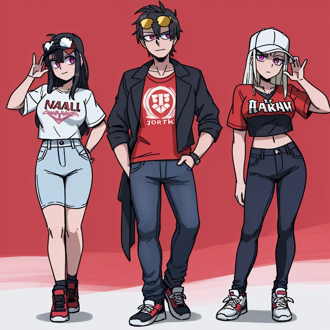 2D, masterpiece, Top Quality, Highly detailed eyes, highly detailed face, standing shot, 3girls, standing at, pink background, helltaker, Azazel \(helltaker\), Retro, JINS, Baseball Jumper, long jeans, sexiness, Full photo, sunglasses, cigarette, 80s, track top