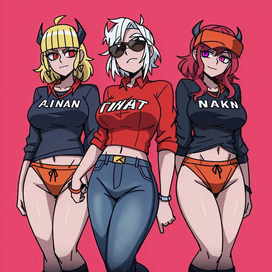 2D, masterpiece, Top Quality, Highly detailed eyes, highly detailed face, standing shot, 3girls, standing at, pink background, helltaker, Azazel \(helltaker\), Retro, JINS, Baseball Jumper, long jeans, sexiness, Full photo, sunglasses, cigarette, 80s, track top