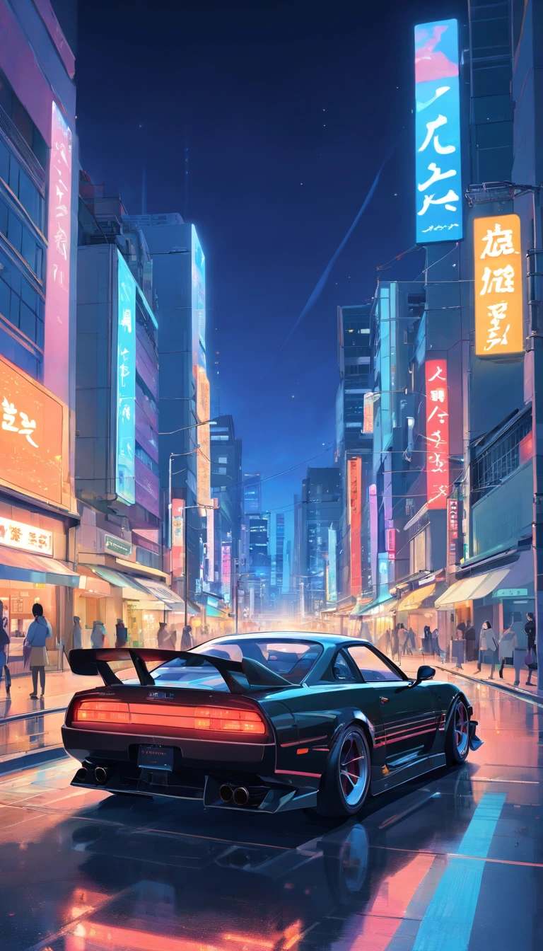 Japan Tokyo,the night,racing car,Black high-tech sports car,a high-tech city,Buildings,neon,