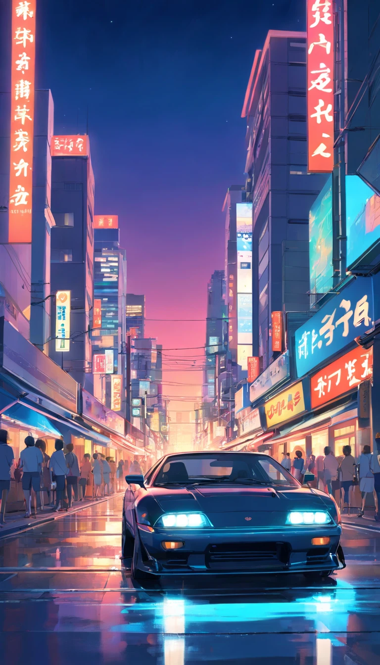 Japan Tokyo,the night,racing car,Black high-tech sports car,a high-tech city,Buildings,neon,