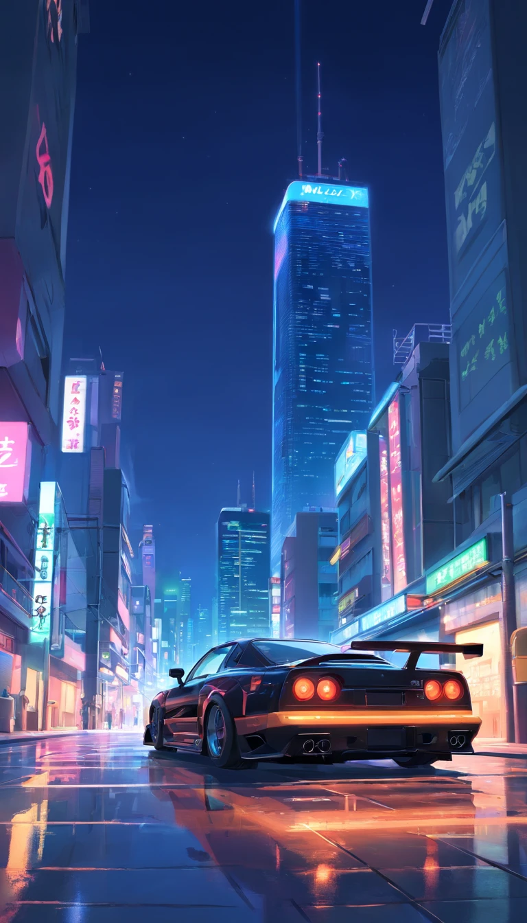 Japan Tokyo,the night,racing car,Black high-tech sports car,a high-tech city,Buildings,neon,