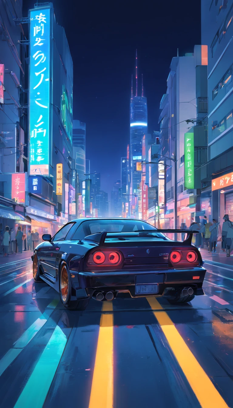 Japan Tokyo,the night,racing car,Black high-tech sports car,a high-tech city,Buildings,neon,