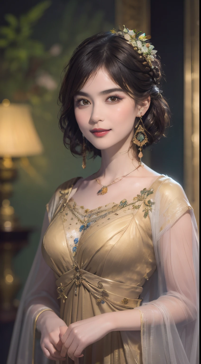 119
(a 20 yo woman,is standing), (A hyper-realistic), (high-level image quality), ((beautiful hairstyle 46)), ((short-hair)), (Gentle smile), (brest:1.1), (lipsticks), (florals), (light and dark), (rembrandt painting), (Luxurious room), (Depth of field is deep)